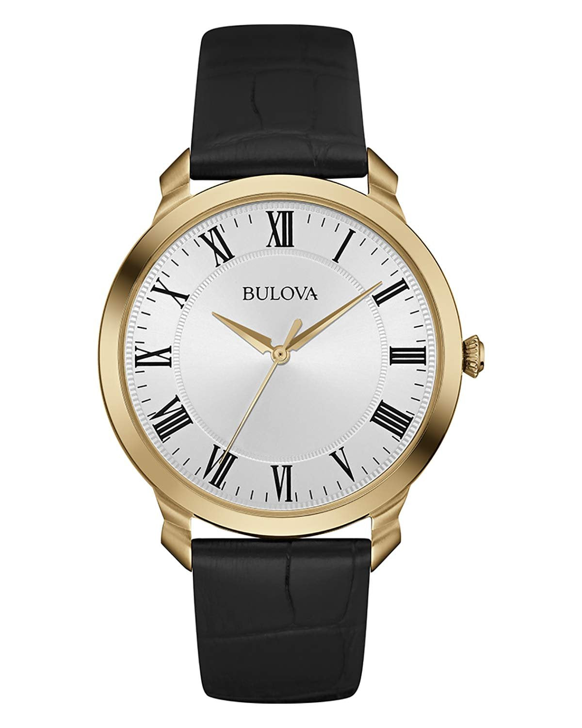 Bulova Men's Classic 3-Hand Quartz Black Leather Strap Watch, Roman Numeral Markers, 41mm - white