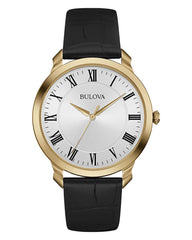 Bulova Men's Classic 3-Hand Quartz Black Leather Strap Watch, Roman Numeral Markers, 41mm - white