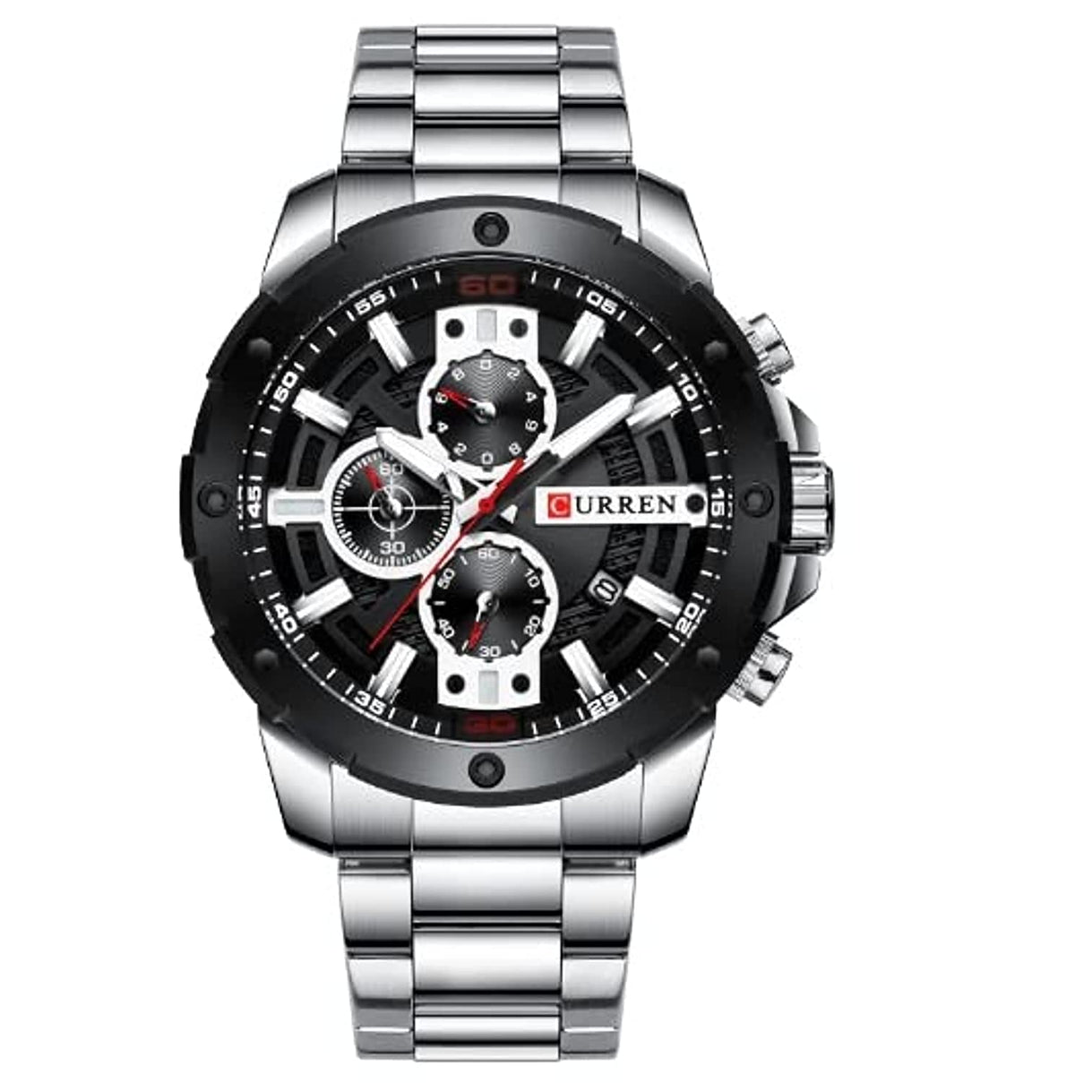 CURREN Men's Chronograph Watch Stainless Steel Case Black Dial 3 Subdials with Date Window Stainless Steel Bracelet, Silver
