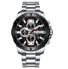 CURREN Men's Chronograph Watch Stainless Steel Case Black Dial 3 Subdials with Date Window Stainless Steel Bracelet, Silver