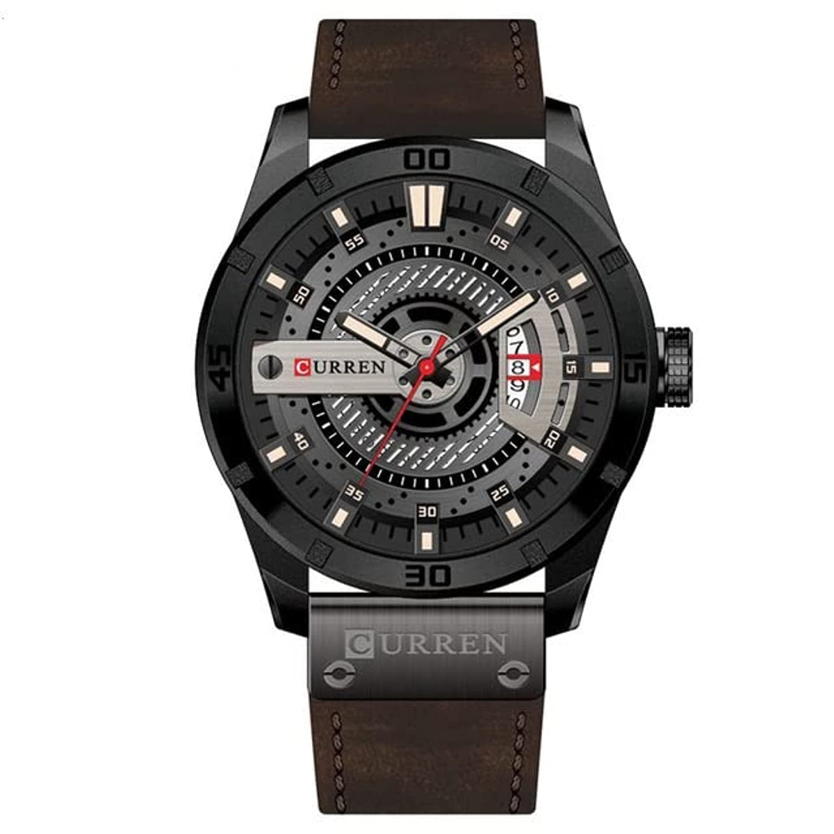CURREN Men's Analog Watch Gun Metal Steel Case Black Dia Calendar Windowl Dark Brown Leather Strap