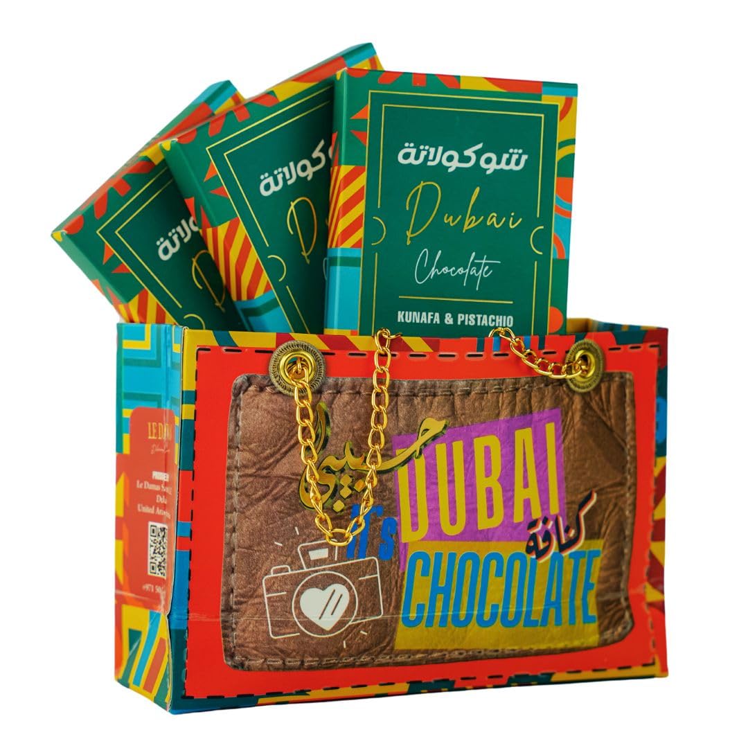 Le Damas Dubai Pistachio and Kunafa Chocolate Bars with gift bag Ideal gift, beautiful packaging- 200g (Pack of 3)