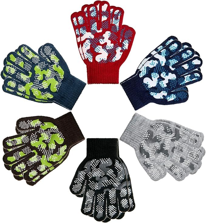 ASSHMHTC 6 Pairs Boys Girls Magic Stretch Gripper Gloves Winter Knitted Full Finger Gloves for 7-11 Years Old Kids, 6 Styles