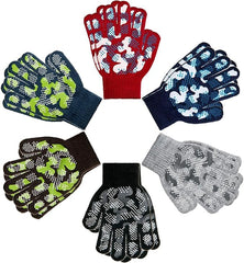 ASSHMHTC 6 Pairs Boys Girls Magic Stretch Gripper Gloves Winter Knitted Full Finger Gloves for 7-11 Years Old Kids, 6 Styles