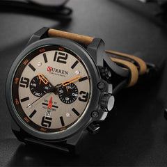 CURREN Brown Chronograph Fashion Trend Multi-Function Waterproof Quartz Watch Leather Strap Military Watch (Brown)