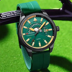 Top Brand Curren 8421 Man Quartz Watch Breathable Rubber Strap Date Display Sport Watches - GREEN