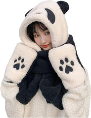 Women Girls Cute Animal Winter Hats,3 in 1 Warm Plush Hoodie Cap Paw Gloves Mitten Scarf Set - White Panda