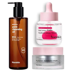 Hanskin Korean Pore Care & Glow Skincare Set BHA Cleansing Oil, Pink Lotus Vegan PDRN Serum & Hyaluron Moisture Cream 3 Step Hydrating Glass Skin Routine for Oily & Combination Skin