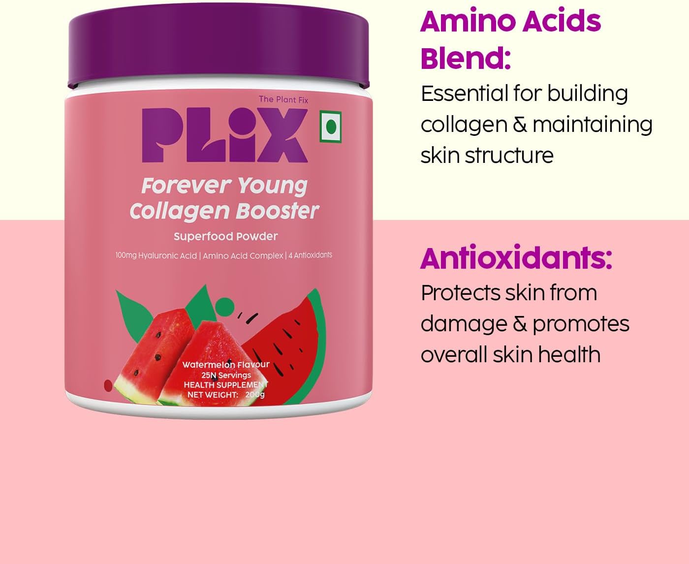 PLIX - THE PLANT FIX Based Collagen Powder with Hyaluronic Acid for Radiant Skin | Collagen Supplements for Women promotes Skin Hydration, Elasticity, and Renewal Watermelon flavor, 200g (25 Servings)