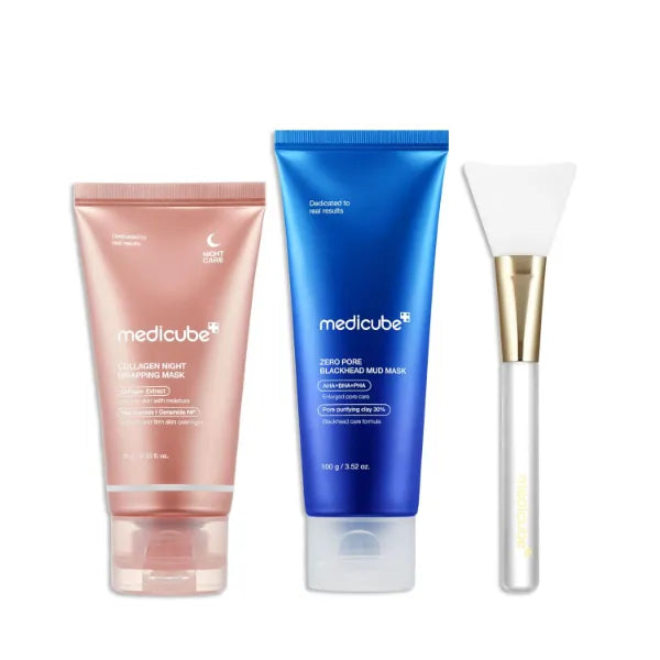 medicube Korean Viral Glass Skin Mask Duo, Collagen Overnight Wrapping Peel Off Facial Mask Pack and Zero Pore Blackhead Mud Facial Mask and Jelly Brush | Holiday Stocking Stuffers
