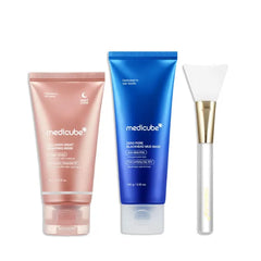 medicube Korean Viral Glass Skin Mask Duo, Collagen Overnight Wrapping Peel Off Facial Mask Pack and Zero Pore Blackhead Mud Facial Mask and Jelly Brush | Holiday Stocking Stuffers