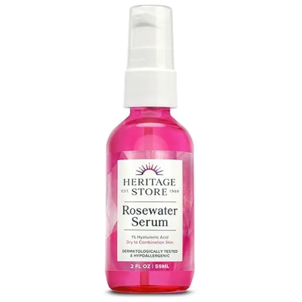 HERITAGE STORE Rosewater Facial Serum, 1% Hyaluronic Acid Deep Hydration for Dry/Combination Skin Care Minimizes Look of Fine Lines and Wrinkles .