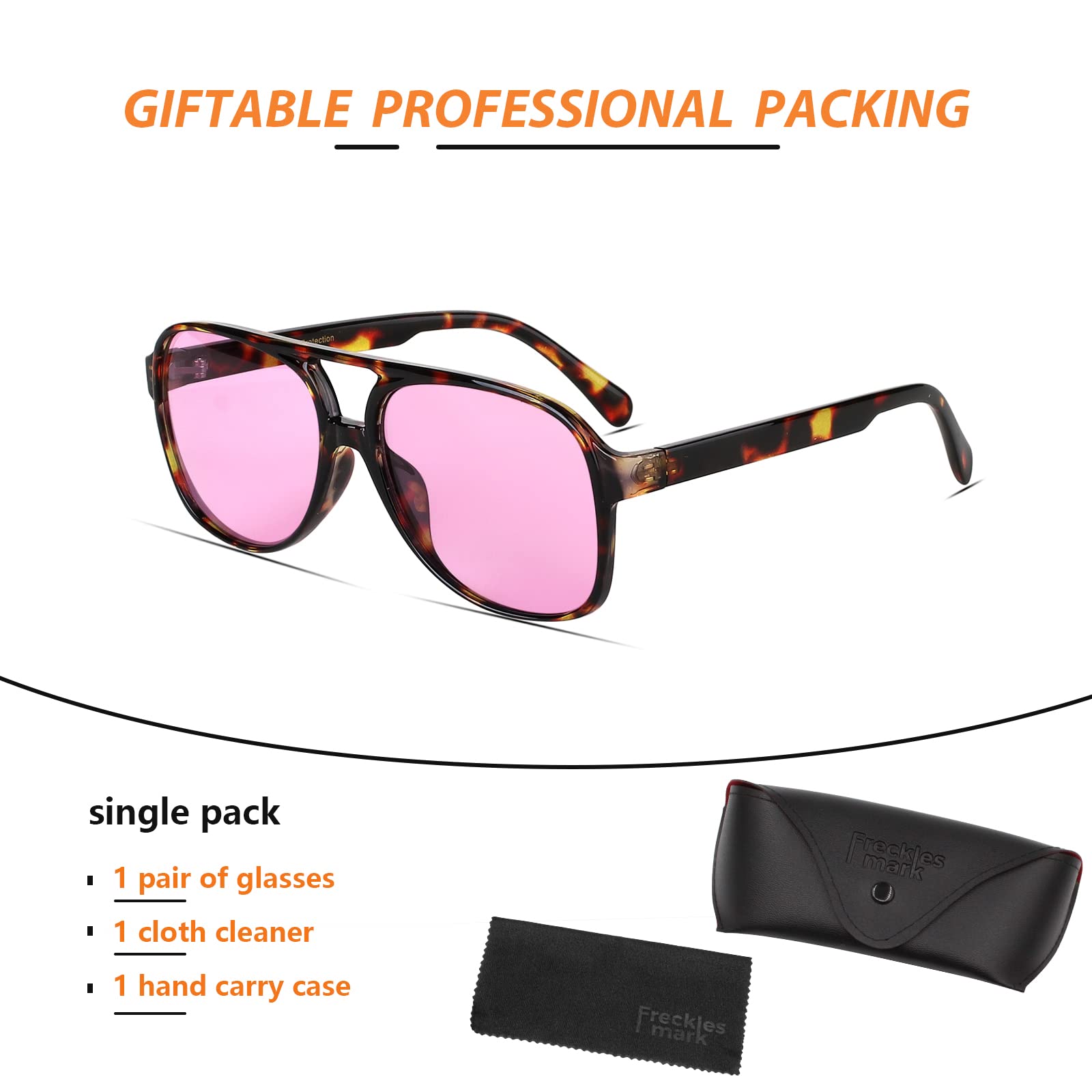 Freckles Mark Vintage Retro 70s Sunglasses for Women Men Classic Large Squared Aviator Frame UV400 Trendy Orange Glasses