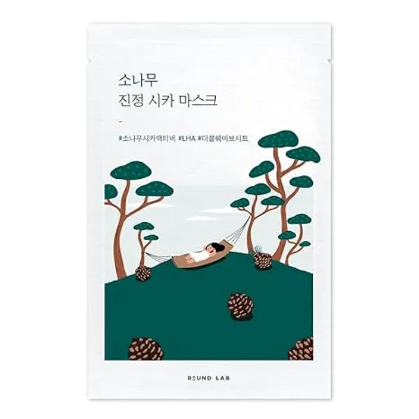 ROUND LAB Pine Calming Cica Sheet Mask 10ea, Cooling and Soothing Mask for Heated, Acne Prone Skin, Double Waved Air Hole Design for Extra Hydration with Pine Cica and Hyaluronic Acid, Korean Skincare