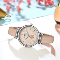 CURREN Women's Analogue Watch, Pink Detail in Carture and Texture in Background, Extendable Leatherette Adjustable Buckle Classic and Feminine Design, Pink, s, strip