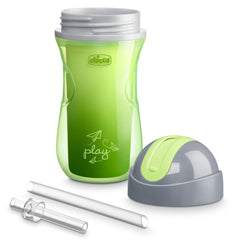 Chicco 9oz. Double-Wall Insulated Flip-Top Sippy Cup with Silicone Straw and Spill-Free Lid | Top-Rack Dishwasher Safe | Easy to Hold with Ergonomic Indents | Green Play/Teal, 2pk | 12+ months