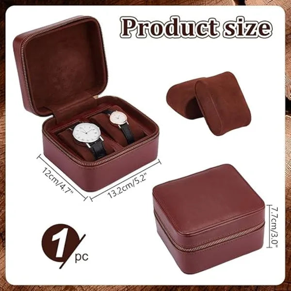 2 Slots Watch Travel Case, Watch Carrying Leather Case, Watch Organizer Watch Display Case Watch Storage Case with Zipper for Women Men Watches Wristwatch, Brown 13.2x12x7.7cm