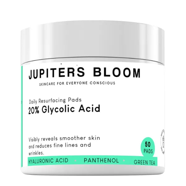 Jupiters Bloom Glycolic Acid 20% Resurfacing Pads Peel Pads with Glycolic Acid for Face & Body Vitamin B5,C & E Exfoliates Surface Skin,Chemical Peels For Face At Home,Acne Pads, Fades Dark Spots