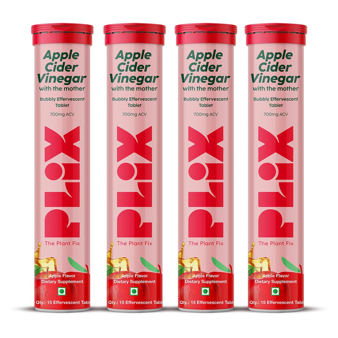 PLIX - THE PLANT FIX Apple Cider Vinegar 15 Effervescent Tablet, ACV with mother for weight loss and easy digestion, vitamin B6 & B12, Pack of 4 (Apple), 100% vegan, Easy to carry & consume
