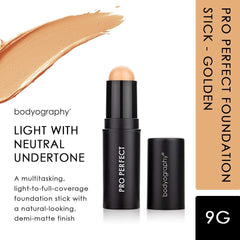 Bodyography Pro Perfect Foundation Stick - Demi-Matte Finish with A Natural Look - Enhancer for Concealing, Highlighting, and Contouring - Vitamin C & E (Golden)