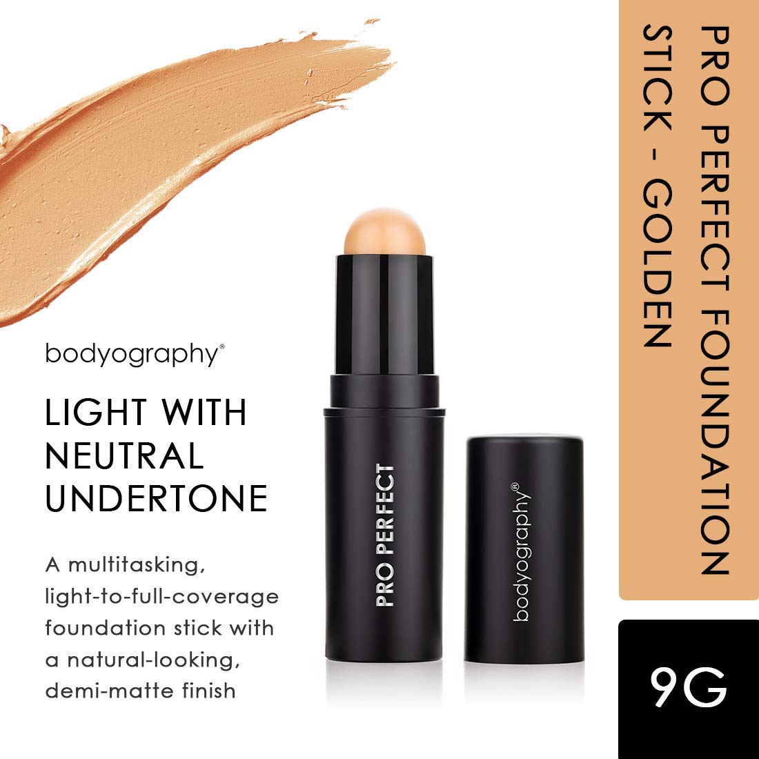 Bodyography Pro Perfect Foundation Stick - Demi-Matte Finish with A Natural Look - Enhancer for Concealing, Highlighting, and Contouring - Vitamin C & E (Golden)