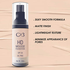 CVB F-706 HD Mousse Foundation SPF 20 Oil-Free, Flawless Blending Long-Lasting Feather-Light Stay Liquid Face Makeup (01 White Ivory, 30ml)