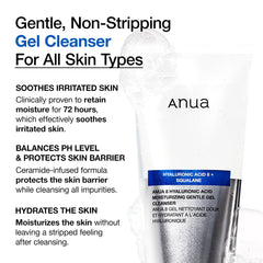 ANUA Moisturizing Gentle Gel Cleanser, for daily hydrating foaming gel face wash, exfoliating with Hyaluronic Acid+Squalane, cleanser for combination skin, Korean Skincare (150ml/5.07fl oz.)