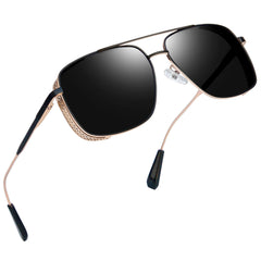 Joopin Rectangular Sunglasses for Men Women Polarized UV Protection Classic Aviation Military Style Big Metal Frame Driving Fishing Black Glass