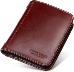 LAORENTOU Genuine Leather Wallets for Men Short Billfold Wallet with Zipper Pocket Mens Clutch Wallet Purses Credit Card Holders Gift for Father Day, Dark Brown, ONE SIZE