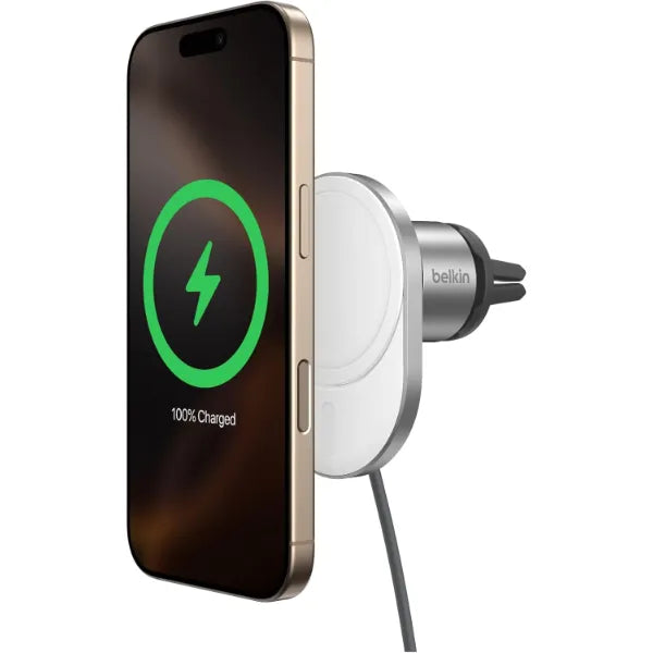 Belkin MagSafe-Compatible 15W Wireless Car Charger – Magnetic Vent Holder for iPhone 17–13 & Pixel 10, White