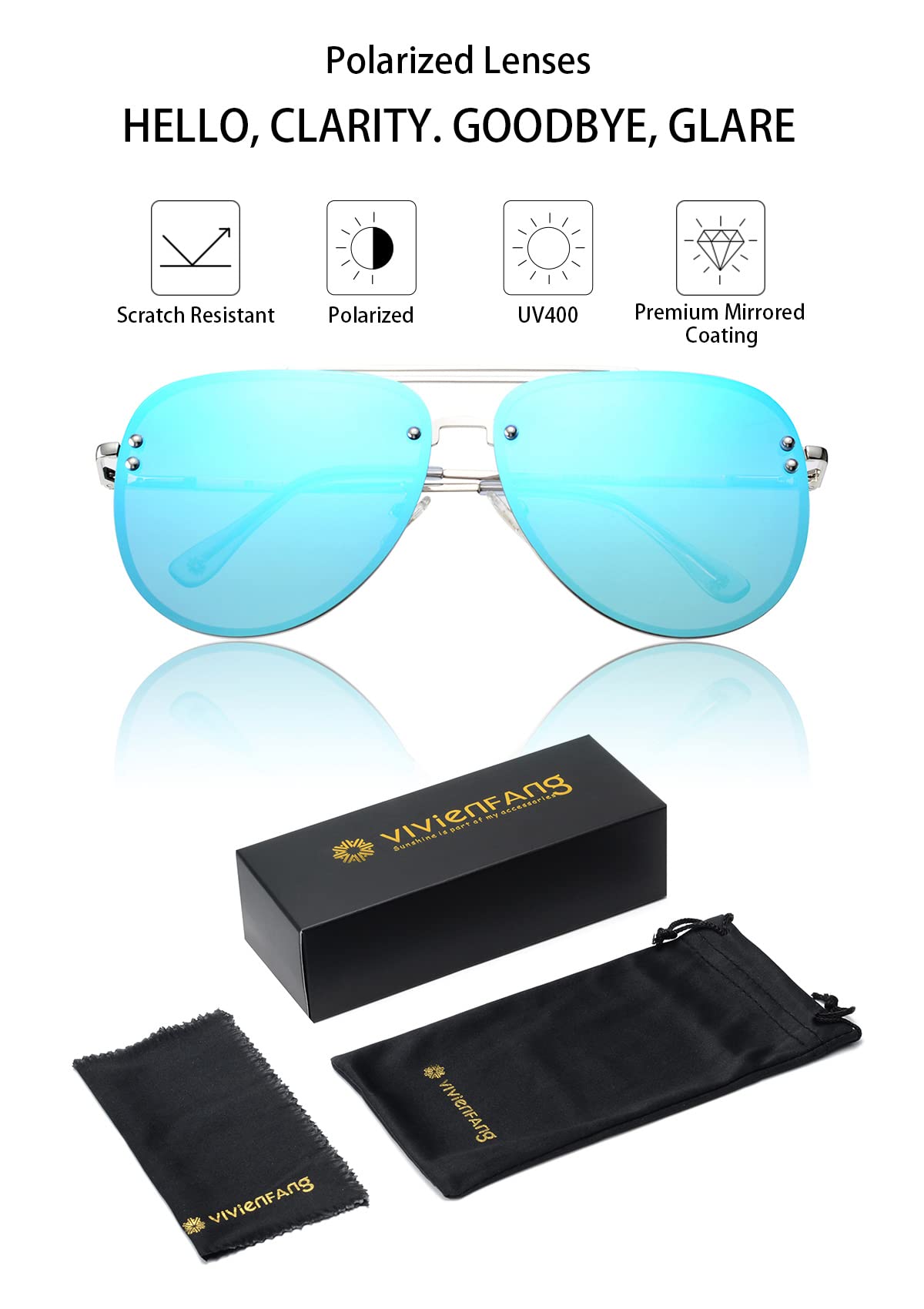 VIVIENFANG Premium Rimless Oversized Aviator Sunglasses for Women, Polarized PC Lens UV Protection Womens Shade VF2203