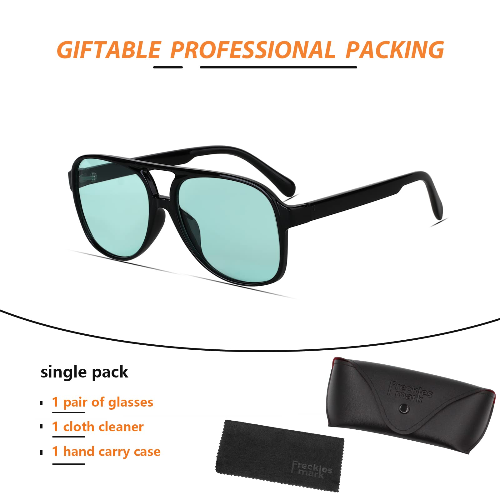Freckles Mark Vintage Retro 70s Sunglasses for Women Men Classic Large Squared Aviator Frame UV400 Trendy Orange Glasses