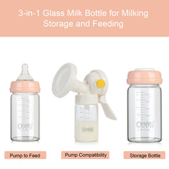 COMI Wide Neck Glass Breastmilk Collection n Storage Bottle, 4 Packs, 6oz with Screw Ring Sealing Disk; Re-markable Sealing Disc. BPA Free, Fits Breast Pumps & (4 Pink Lids)