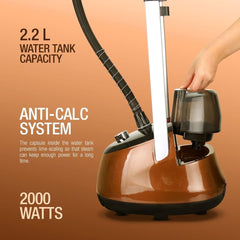 Clikon 2.2 Liter Capacity Garment Steamer With Height Adjustable Ironing Board, 45 second heating time, Heat Insulated Steam Hose, 2000 Watts, Brown - CK4036