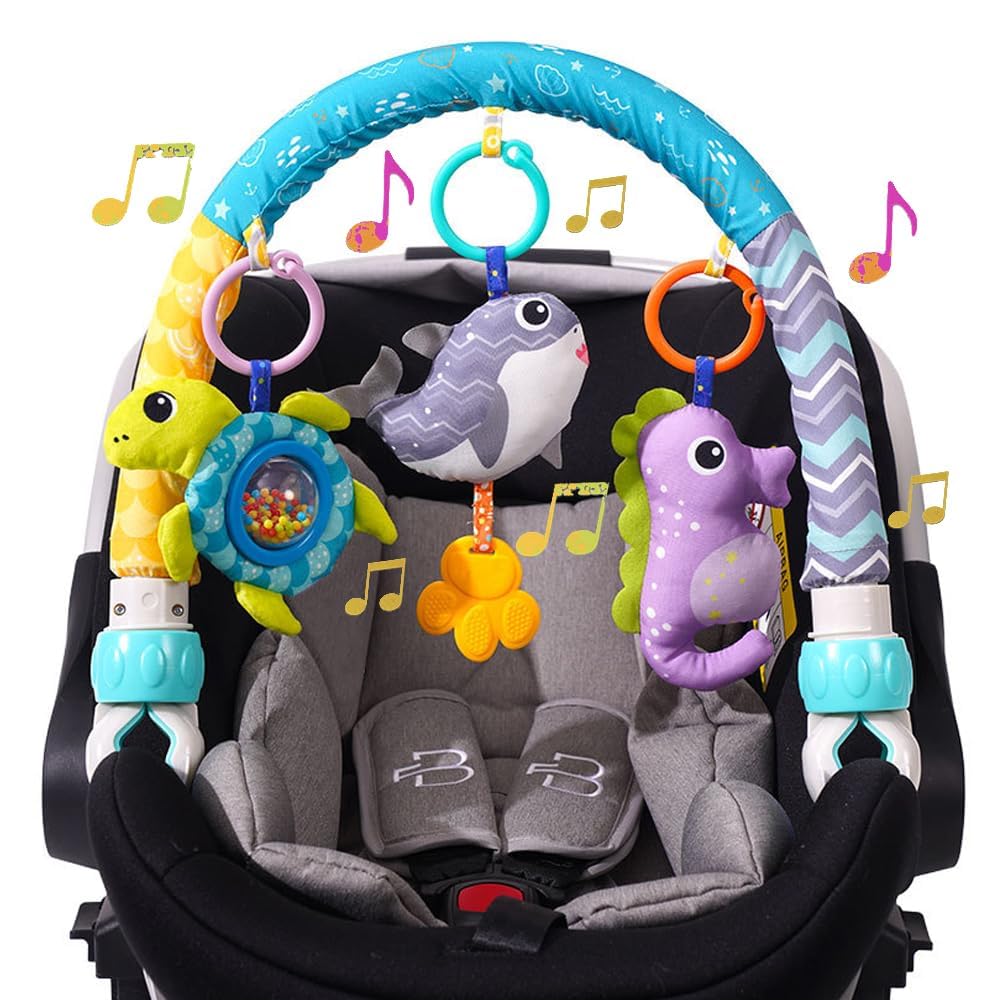 NALACAL Baby Stroller Arch for Bassinet with Universal Clamps, Clip-On Mobile Toys Bassinet Arch Toy Activity Toy Bar Interactive Bassinet Toys for Infants Baby Car Seat Toys Rattle Turtle Music Whale