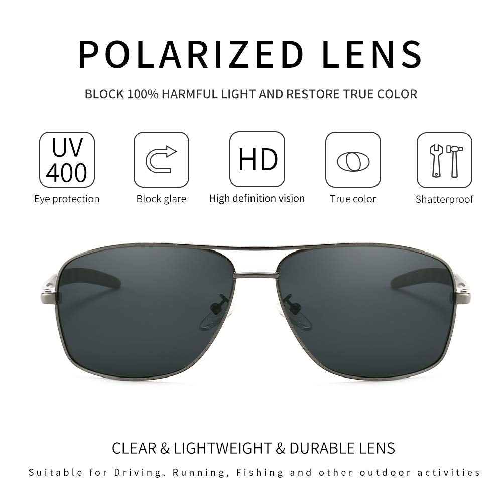 SUNGAIT Men's Polarized Square Aviator Sunglasses Durable Metal Frame for Fishing Driving Golf 100% UV Protection