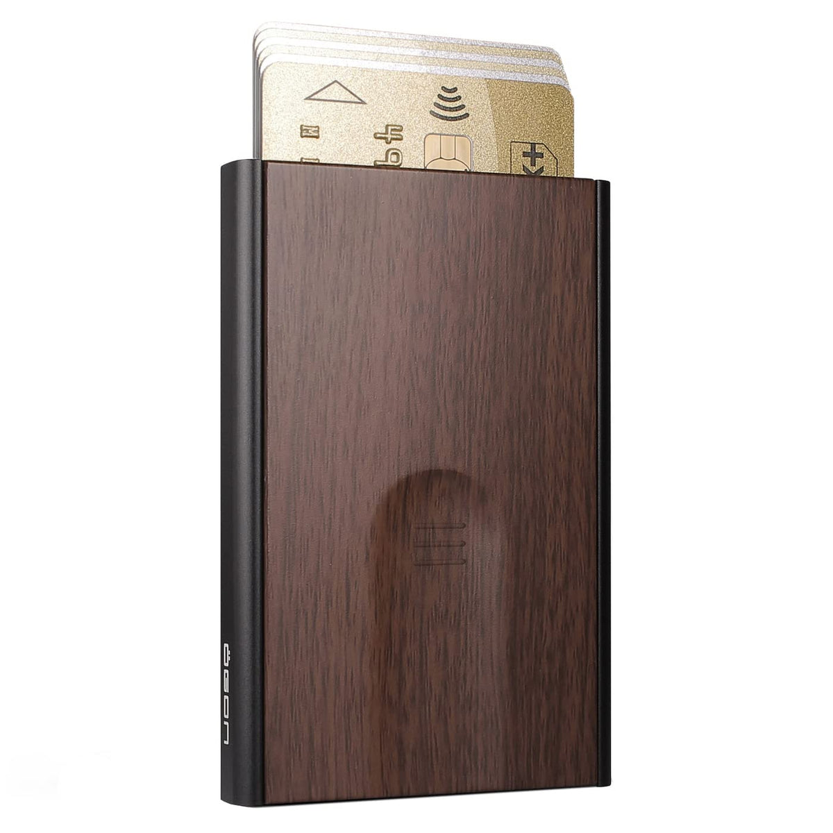 OGON Aluminum automatic card holder Slider - RFID Blocking – The original minimalist slim wallet for men and women - Up to 6 cards - Covering Wood Imitation Sequoia