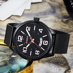 CURREN 8236 Metal Strap Round Analog with Date Display Black, Gold Watch for Men
