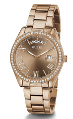 GUESS 36mm Stainless Steel Day-Date Watch with Coin Edge Bezel, Silver-Tone/Blue