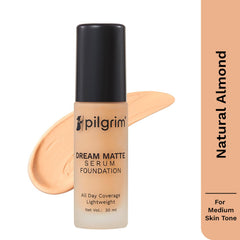 Pilgrim Medium Natural Almond Serum Liquid Foundation, Matte & Poreless,30 ml |Foundation for face make up infused |Water-Resistant,All Day Coverage|All SkinTypes