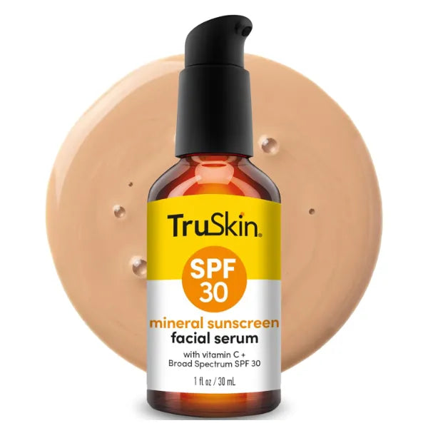 TruSkin Sunscreen Serum for Face - SPF 30 Universal Tinted Mineral Sunscreen Serum with Zinc Oxide - Sheer, Lightweight Finish with Vitamin C, Hyaluronic Acid, Ceramides & Niacinamide, 1 fl oz