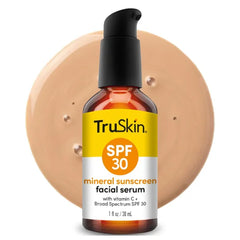 TruSkin Sunscreen Serum for Face - SPF 30 Universal Tinted Mineral Sunscreen Serum with Zinc Oxide - Sheer, Lightweight Finish with Vitamin C, Hyaluronic Acid, Ceramides & Niacinamide, 1 fl oz