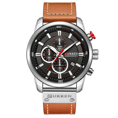 CURREN Men Leather Strap Military Watches Men's Chronograph Waterproof Sport Wrist Date Quartz Wristwatch Gifts, silver black, Chronograph,Quartz Movement - Brown