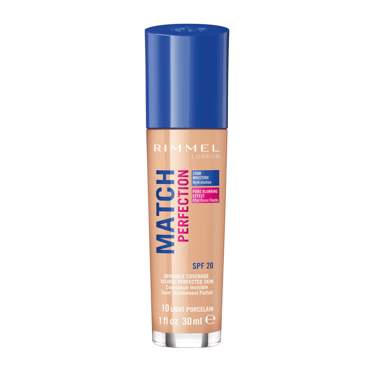 Rimmel Match Perfection Foundation 010 Light Porcelain, Medium Coverage, 24H Hydration, No Clumping or Creasing, Lightweight, Reduces Imperfections, Invisible Coverage, SPF 20, Cruelty-Free