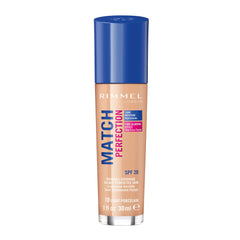 Rimmel Match Perfection Foundation 010 Light Porcelain, Medium Coverage, 24H Hydration, No Clumping or Creasing, Lightweight, Reduces Imperfections, Invisible Coverage, SPF 20, Cruelty-Free