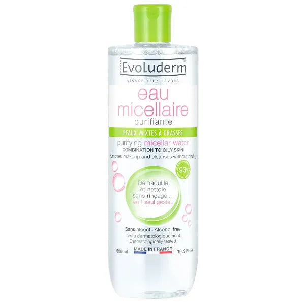 Evoluderm Micellar Water Facial Cleansing and Makeup Remover, For Combination To Oily Skin, Alcohol Free, Dermatologist Tested, 16.9 Ounces