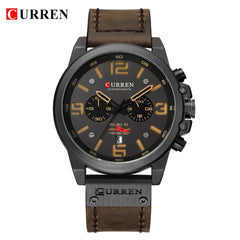 CURREN Dark Brown Chronograph Fashion Trend Multi-Function Waterproof Quartz Watch Leather Strap Military Watch (Coffee)