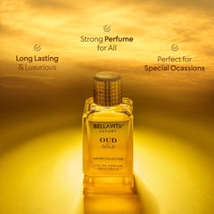 BellaVita Luxury OUD Gold Eau De Parfum for Men - Intense Woody Fragrance with Caramel, Orris, Rose & Jasmine | Long-Lasting Mens Perfume | Oud & Vanilla Notes | Ideal Gifts for Men, Perfume Oud,100ml