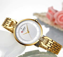 CURREN 052-Gold White Analog Watch - for Girls, Gold White, Free Size, Analog Watch - Gold