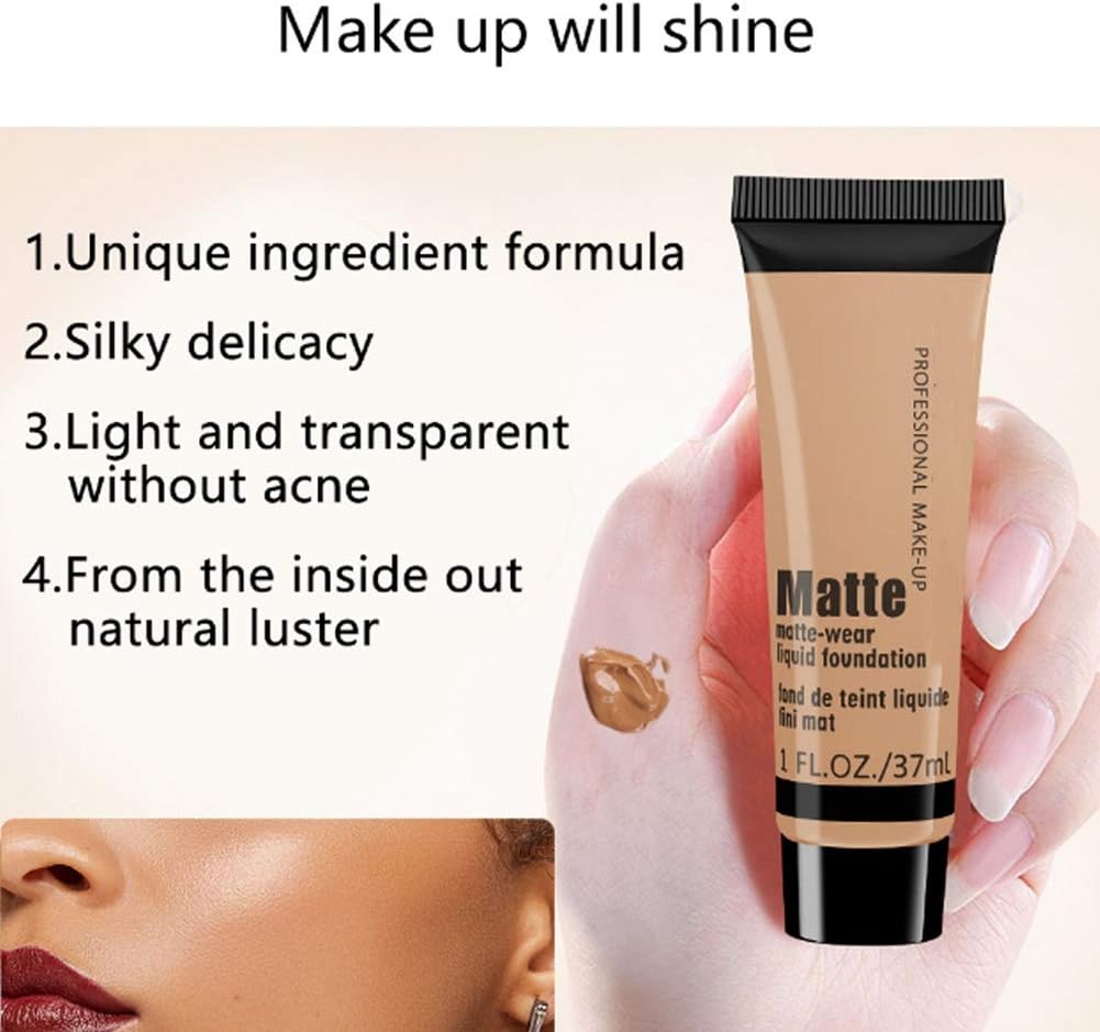 Matte + Liquid Foundation Makeup, 37ml Moisturizing Concealer Liquid Foundation Makeup Oil Control Face Foundation for Dark Skin